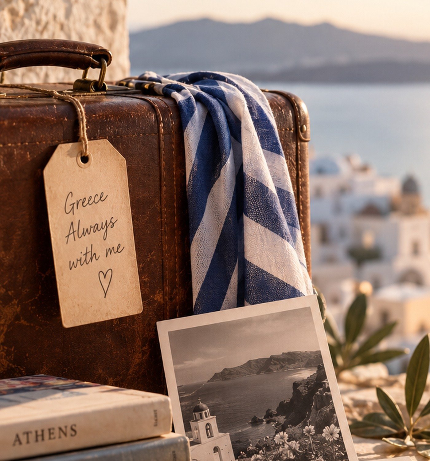 A vintage suitcase, blue-and-white cloth and a photograph of a Greek island in warm light